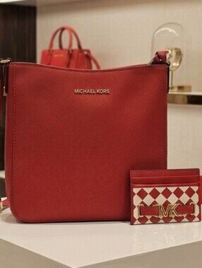 Michael Kors Red Saffiano Leather Crossbody Bag with MK Card Holder